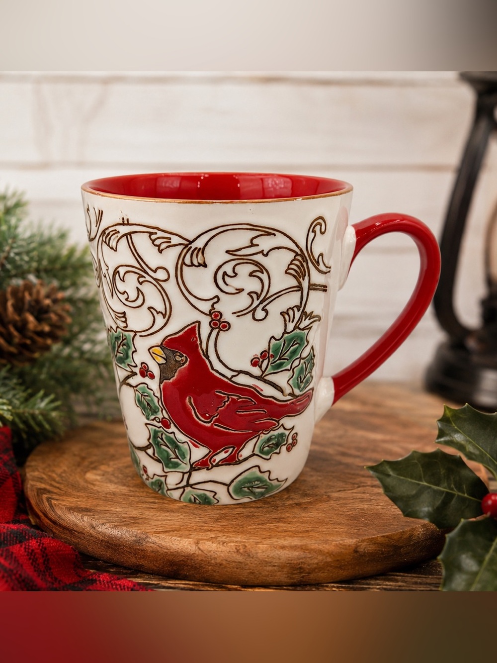 Christmas Cardinal Coffee Mug Holly Scroll Ceramic Red White Large Cup